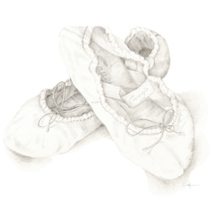 Black and white pencil drawing of ballet slippers.