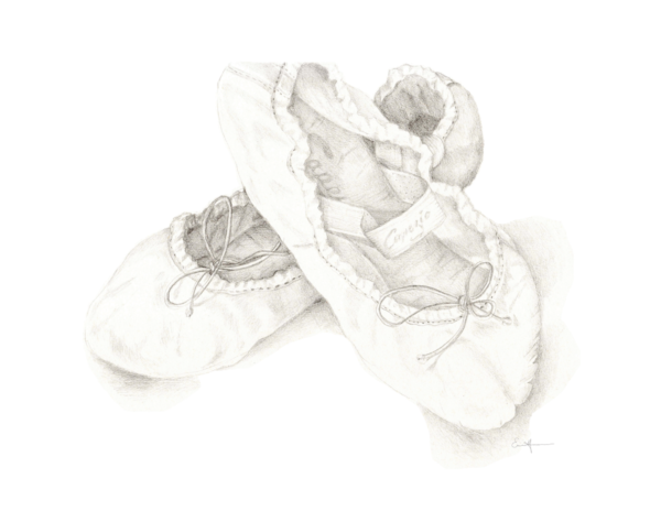 Black and white pencil drawing of ballet slippers.