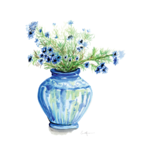 Watercolour painting of blue flowers in a blue vase.