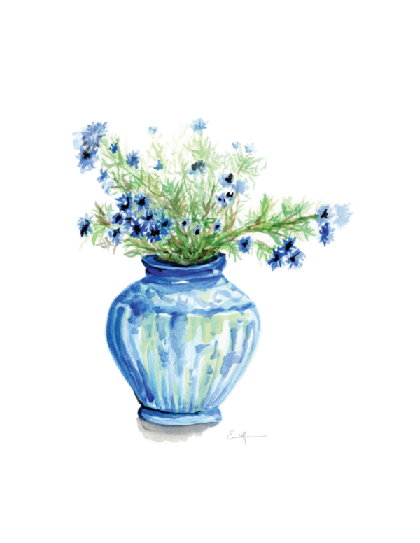 Watercolour painting of blue flowers in a blue vase.