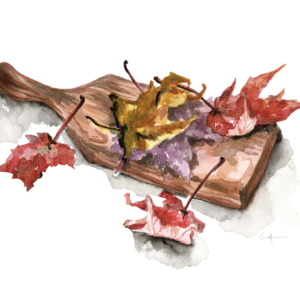 Watercolour painting of fall leaves on a wooden board.