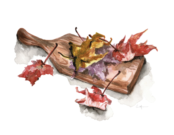 Watercolour painting of fall leaves on a wooden board.