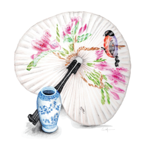 Colored pencil drawing of a fan and small vase.