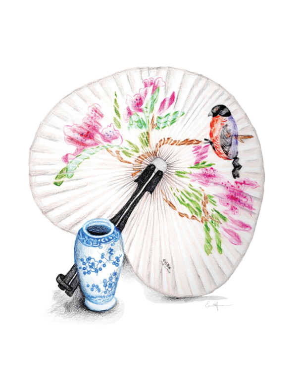 Colored pencil drawing of a fan and small vase.