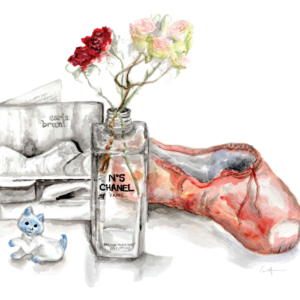 Watercolour painting of a ballet slipper, vase with flowers, CD cover and porcelain cat.