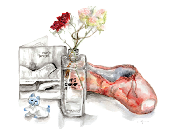 Watercolour painting of a ballet slipper, vase with flowers, CD cover and porcelain cat.