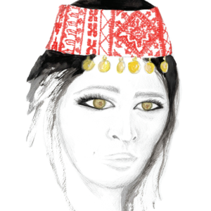 Watercolour painting of a Palestinian woman wearing traditional coin headdress.