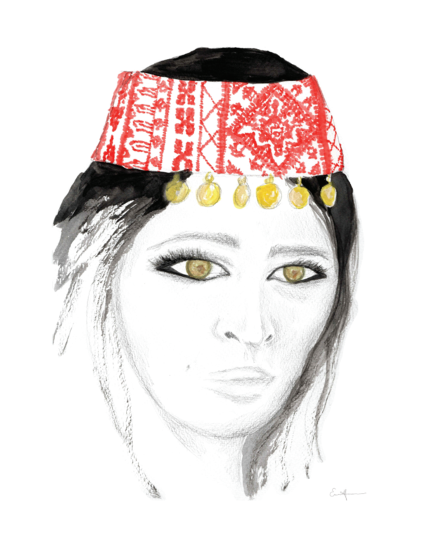 Watercolour painting of a Palestinian woman wearing traditional coin headdress.