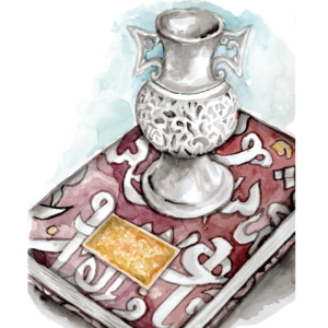 Watercolour painting of an incense burner on a book.