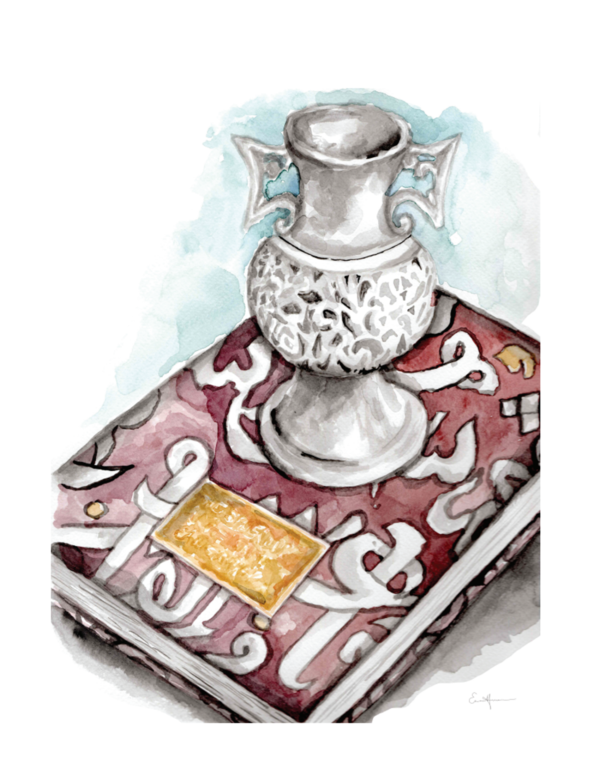 Watercolour painting of an incense burner on a book.