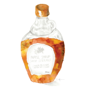 Watercolour painting of a bottle of maple syrup.