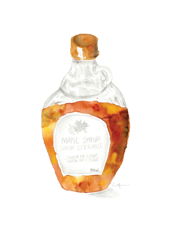 Watercolour painting of a bottle of maple syrup.