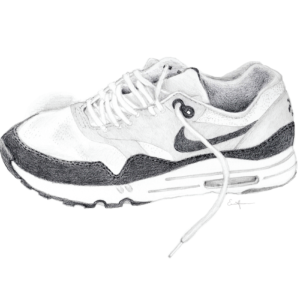 Black and white pencil drawing of a Nike shoe.