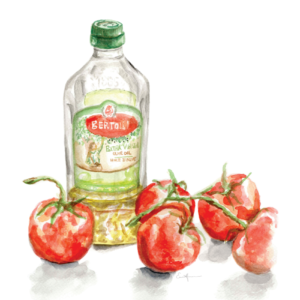 Watercolour painting of olive oil bottle with tomatoes on the vine.