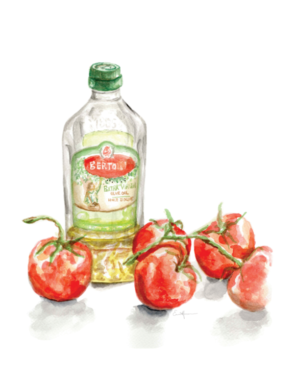 Watercolour painting of olive oil bottle with tomatoes on the vine.