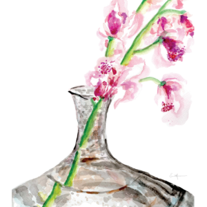 Watercolour painting of orchids in a glass vase.