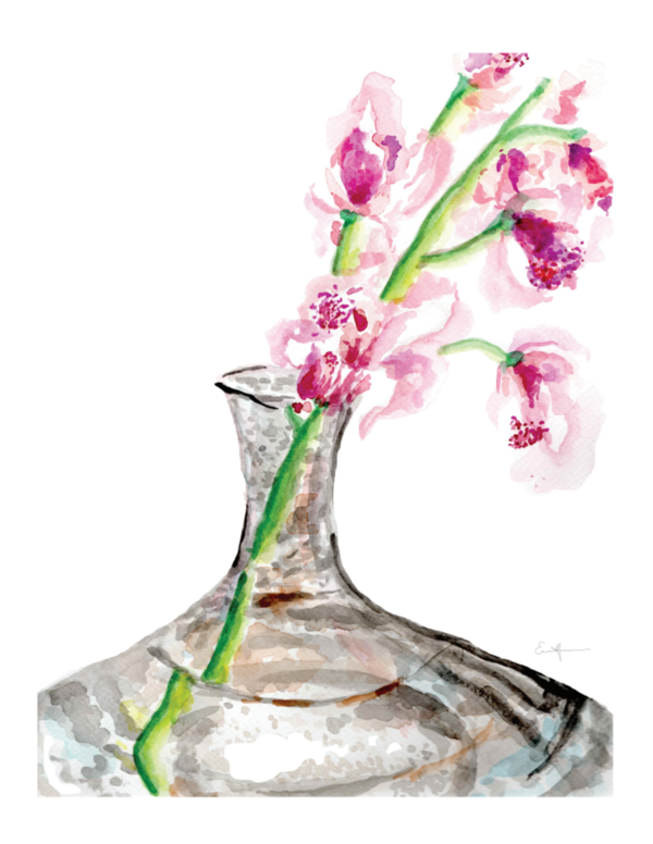 Watercolour painting of orchids in a glass vase.