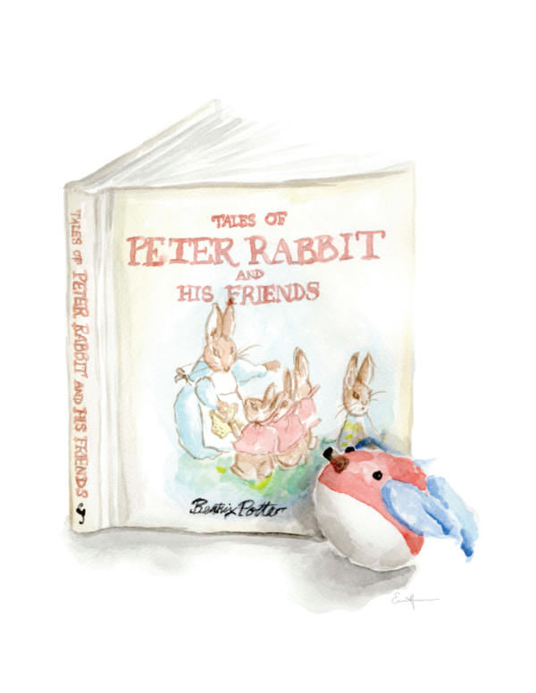 Watercolour painting of a Peter Rabbit book and a toy bird.