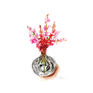 Watercolour painting of red flowers in a glass vase.