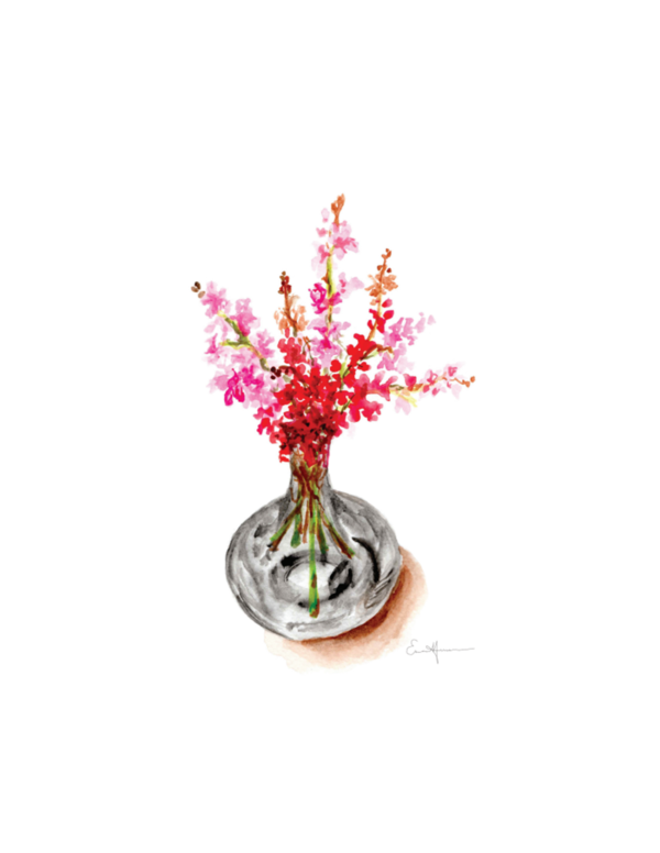 Watercolour painting of red flowers in a glass vase.