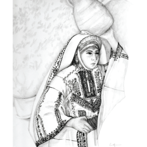 Black and white pencil drawing of a woman wearing a thobe carrying a pot.