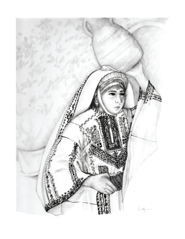 Black and white pencil drawing of a woman wearing a thobe carrying a pot.