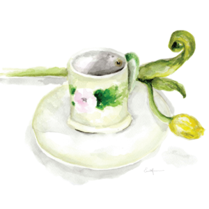 Watercolour painting of a yellow tulip beside a teacup.