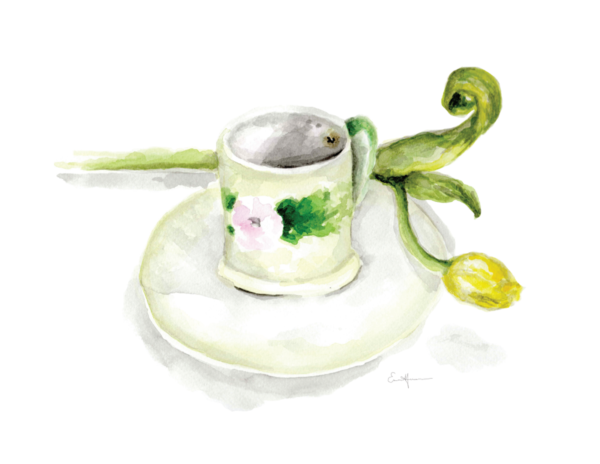 Watercolour painting of a yellow tulip beside a teacup.