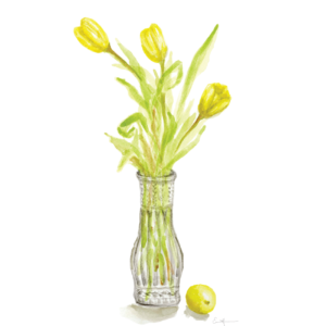 Colored pencil drawing of a vase of yellow tulips and a lemon.