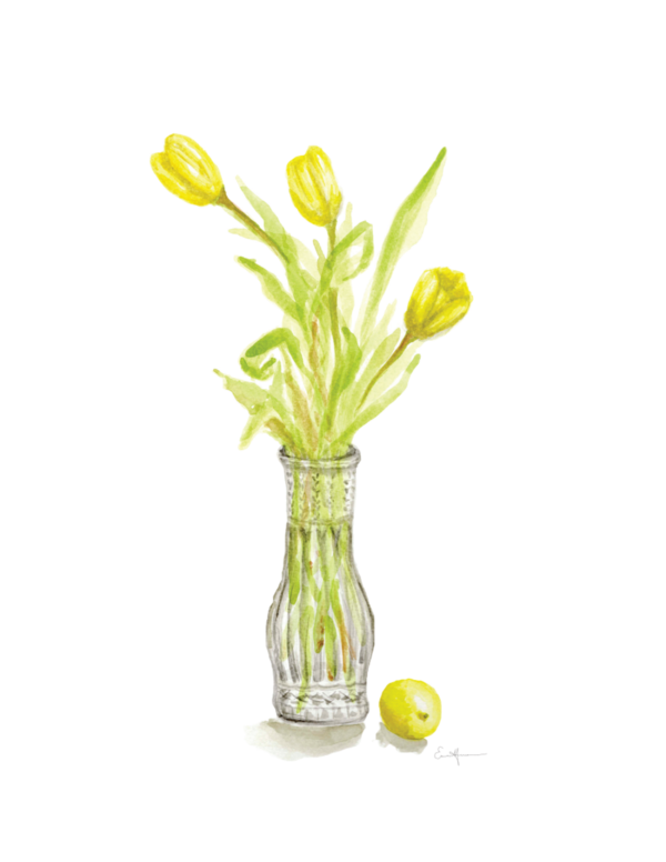 Colored pencil drawing of a vase of yellow tulips and a lemon.