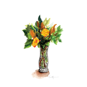 Watercolour painting of yellow roses in a glass vase.