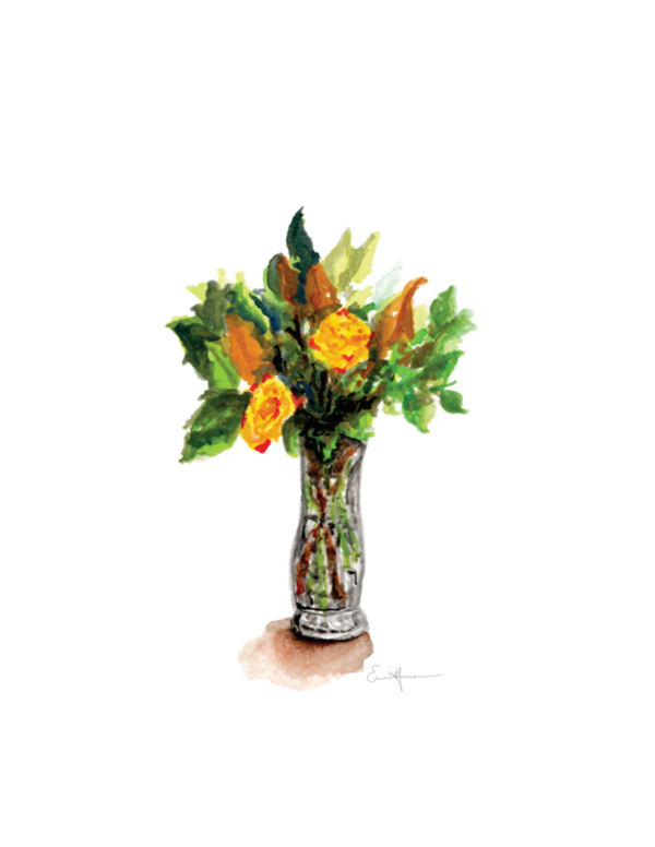 Watercolour painting of yellow roses in a glass vase.