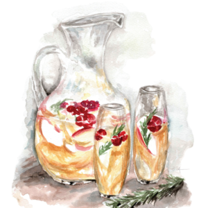 Watercolour of pitch of sangria and two glasses.