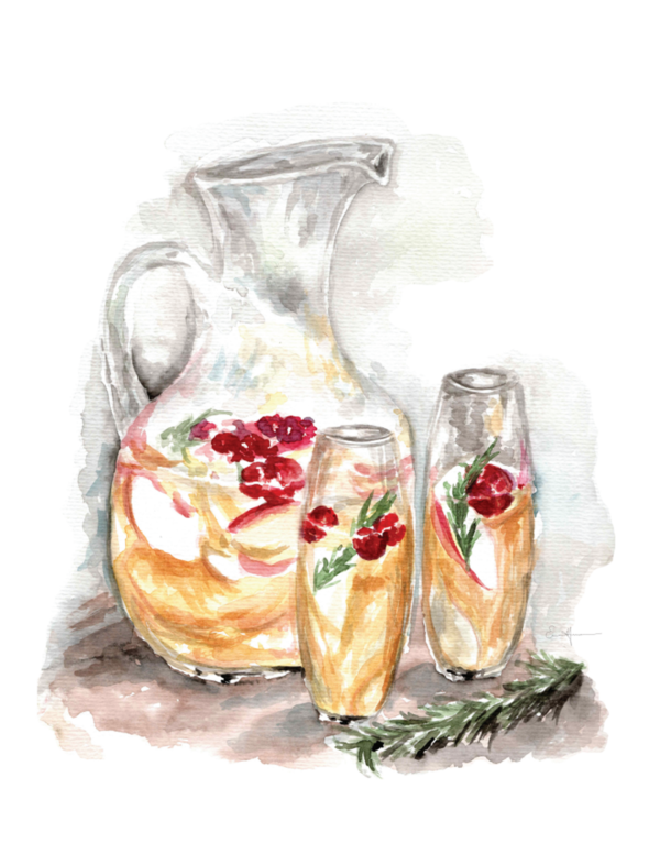 Watercolour of pitch of sangria and two glasses.