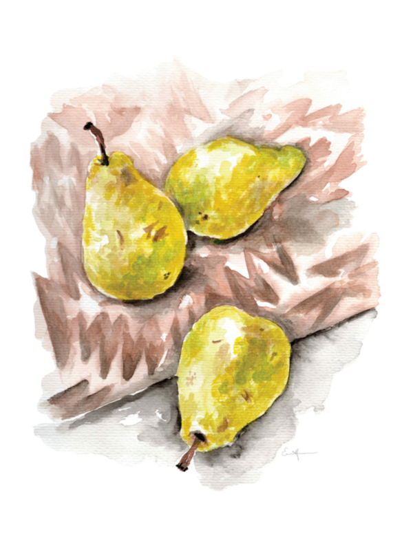 Watercolour painting of pears on a brown blanket.