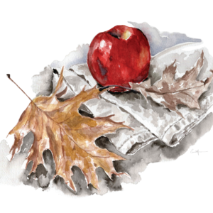 Watercolour painting of red apple and fall leaves.