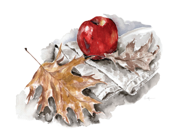 Watercolour painting of red apple and fall leaves.