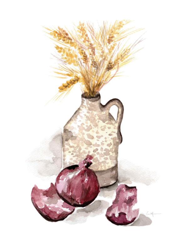 Watercolour painting of vase of straw and onion.