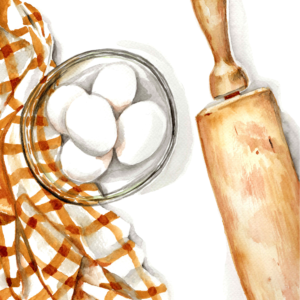 Bowl of eggs, tablecloth, and rolling pin.