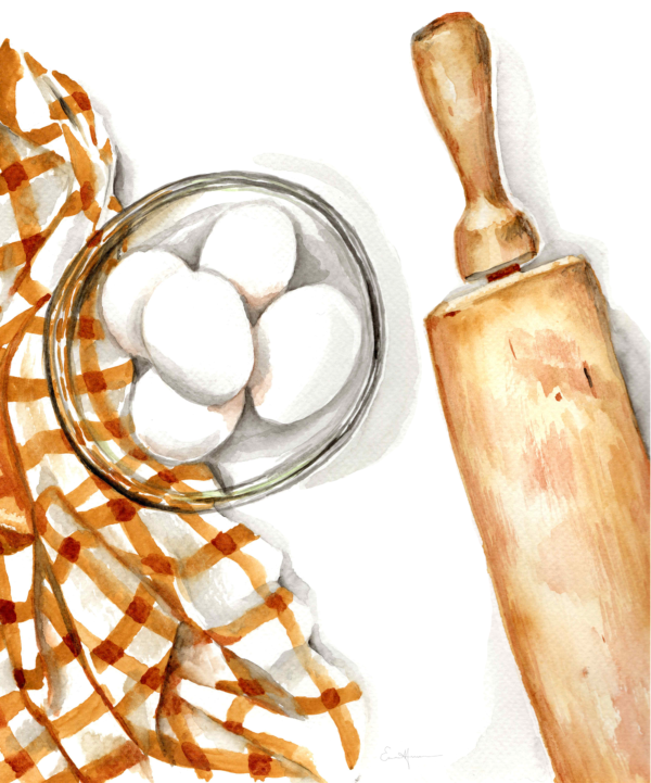 Bowl of eggs, tablecloth, and rolling pin.