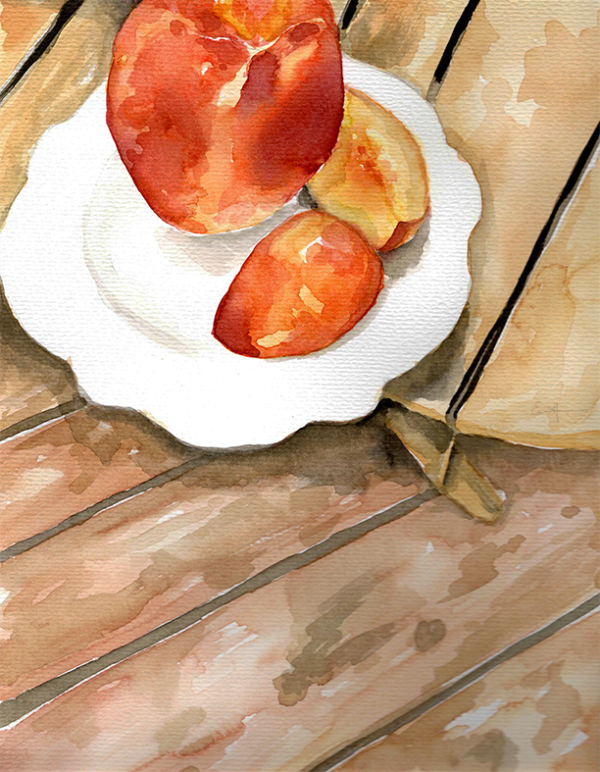 Slices peach on a wooden deck.