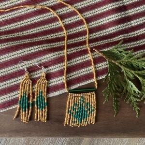 Necklace and earrings in gold and green.