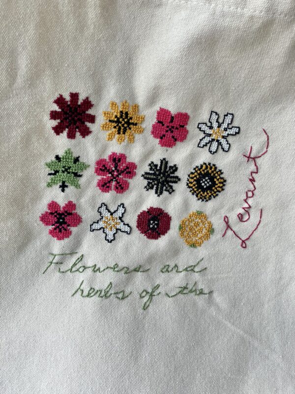 Detail of flowers on tote bag.